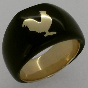 Black resin ring with 18 ct gold rooster inlay and 18 ct gold band top view