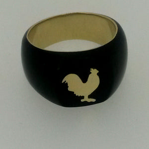 Black resin ring with 18 ct gold rooster inlay and 18 ct gold band front view